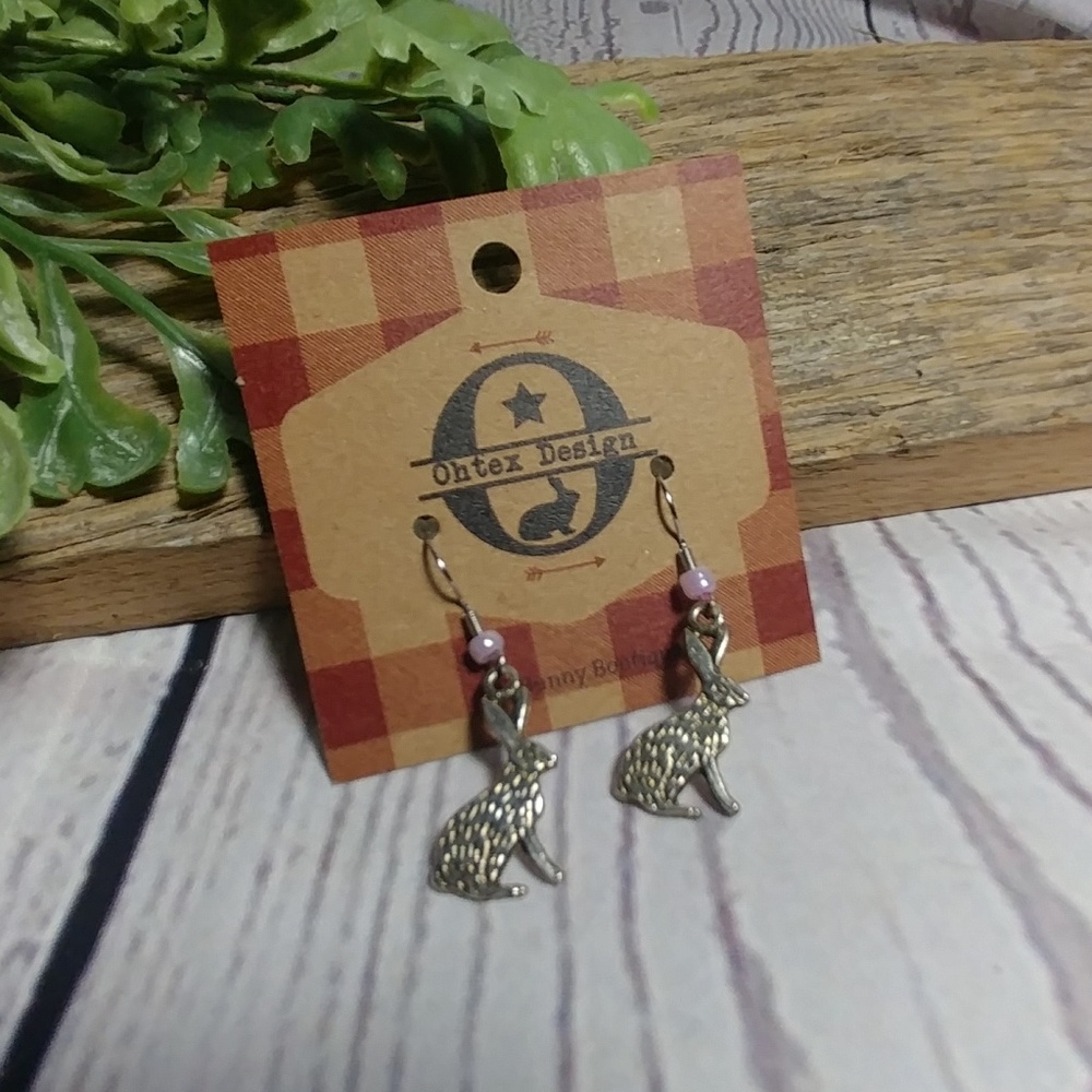 Rabbit Hare bunny silver dangle beaded earrings - Picture 2 of 2